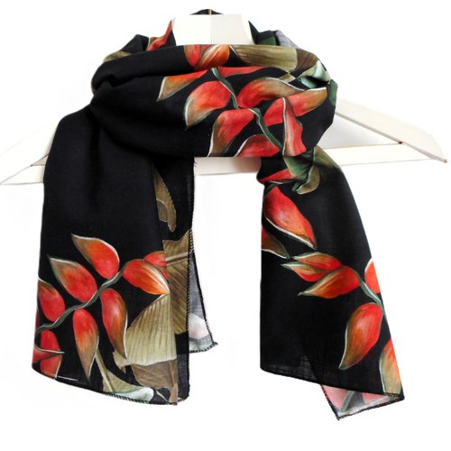 Foulard en coton, plantes exotiques fond noir, cadeau pour femme, fête des mères, foulard femme