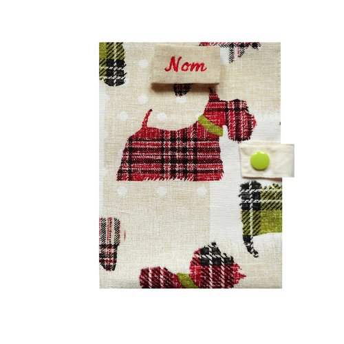 Protège carnet de santé pour chiens, etui passeport, scottish et teckels tartan fond ecru, nom brodé