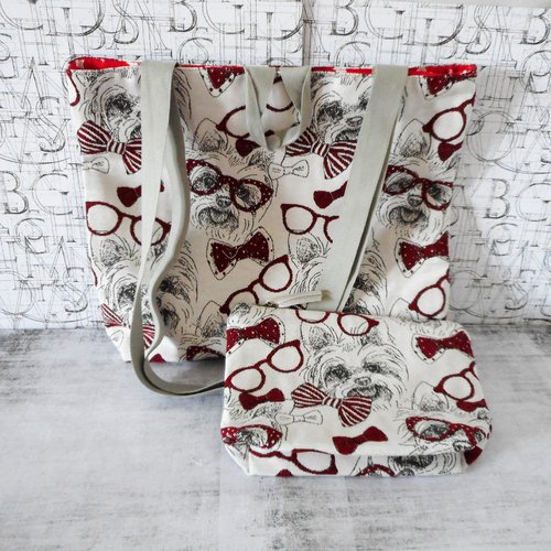 Sac à main et trousse, cadeau fête des mères, tissu chiens yorkshire lunettes gris rouge, cadeau femme homme, sac fourre-tout