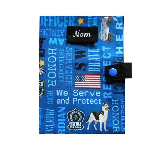 Housse de carnet de santé pour chien, protège passeport, berger allemand, chien policier usa fond bleu, nom brodé