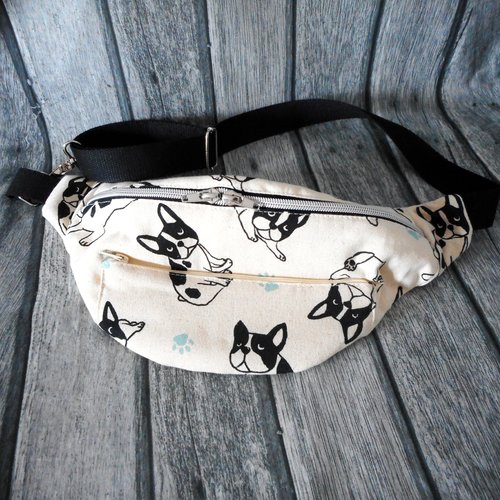 Sac banane, cadeau fête des mères, coton bouledogues français ecru, cadeau femme homme,