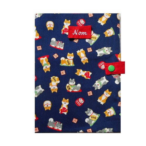 Grand protège carnet de santé pour chiens, range ordonnance, shiba inu fond bleu marine, nom brodé