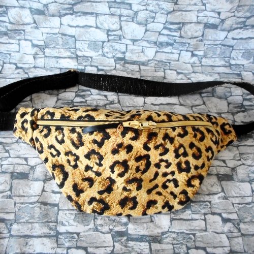 Sac banane, jacquard léopard, bandoulière lurex, bouclerie dorée, sac bandoulière, cadeau femme homme, cadeau anniversaire fêtes