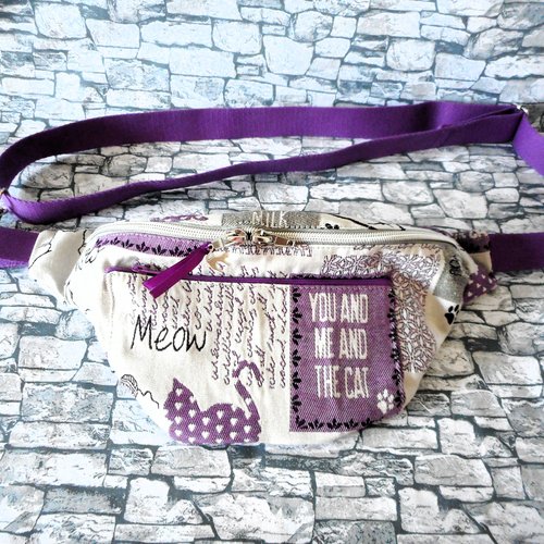 Sac banane chat, jacquard chats violet gris, sac bandoulière, cadeau femme homme, cadeau anniversaire fêtes