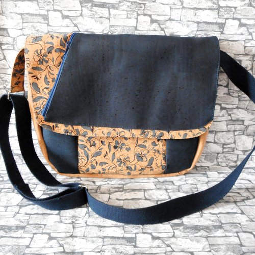 Sac bandoulière vegan, liège bleu marine naturel et fleurs, sac à main homme ou femme, cadeau anniversaire