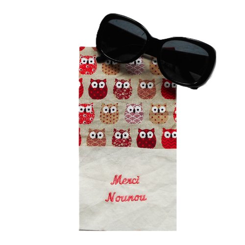 Etui à lunettes, cadeau personnalisé, nounou asmat atsem maître maîtresse, coton chouettes hiboux rouge rose
