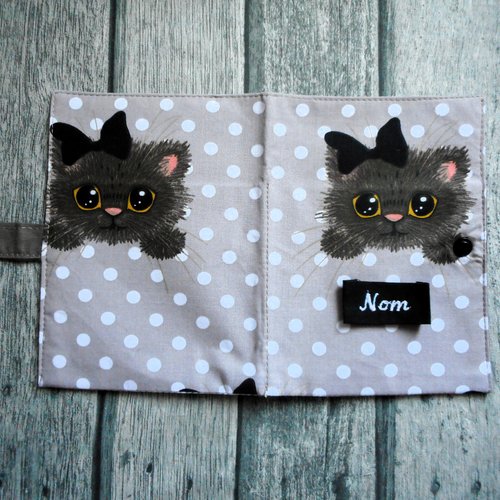 Housse de carnet de santé pour chat, protège passeport, petite chatte pois et noeud
