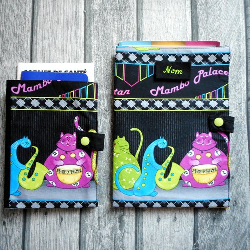Protège carnet de santé pour chat, chats jazzman mambo, range ordonnance, etui passeport, nom brodé