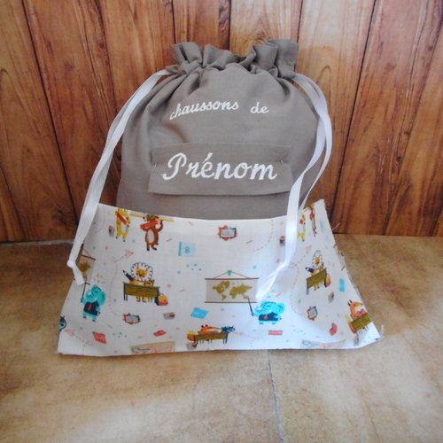 Rentrée des classes, sac enfant ecole, pochon à chaussons ou doudou, prénom brodé, coton animaux à l'ecole, crèche maternelle