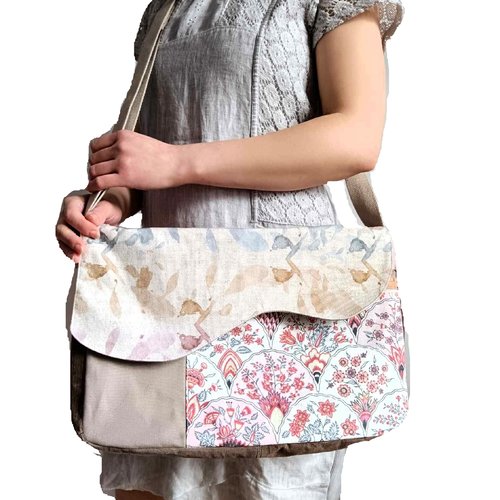 Sac bandoulière femme homme, fleurs feuilles eventails, velours mille-raies rose, liège naturel