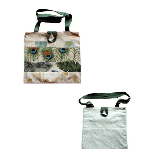 Sac fourre tout réversible, tote bag homme femme, sac cabas, plumes paons feuilles libellules, cadeau anniversaire fêtes