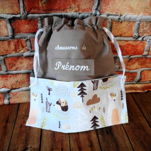 Rentrée des classes, sac à chaussons/doudou enfant, coton taupe ours et hérisson, prénom brodé, ecole crèche maternelle,