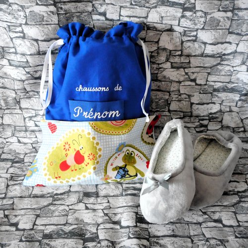 Rentrée des classes, sac enfant ecole, sac à chaussons ou doudou, coton bleu et animaux du jardin, prénom fille garçon brodé