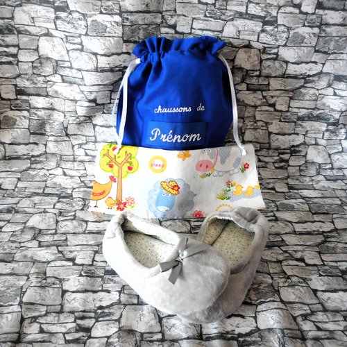 Rentrée scolaire, sac à chaussons ou doudou, coton bleu et animaux de la ferme, sac enfant ecole, prénom brodé fille garçon