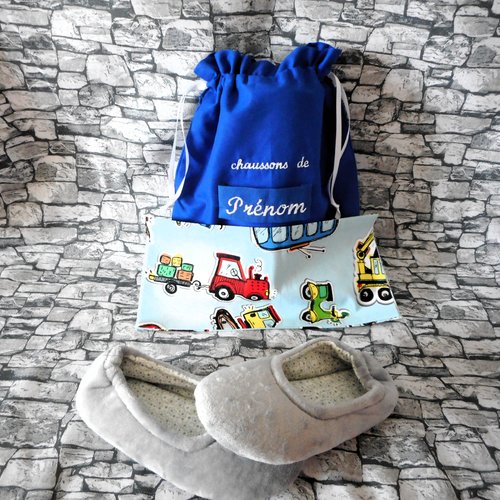 Sac ecole crèche maternelle, sac à chaussons ou doudou enfant, prénom fille garçon brodé, coton bleu tracteur avion bus