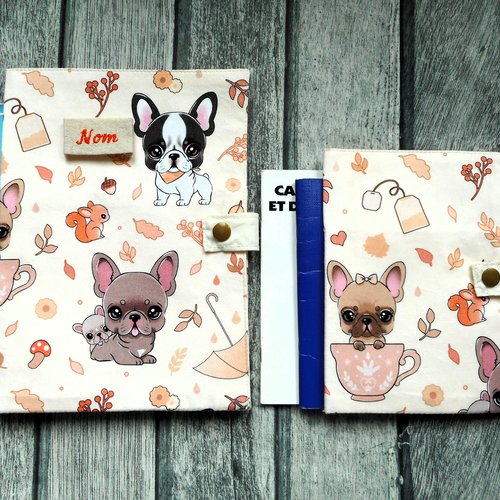 Petit ou grand protège carnet de santé pour chien, etui passeport, range ordonnance, bouledogues français d'automne, nom brodé