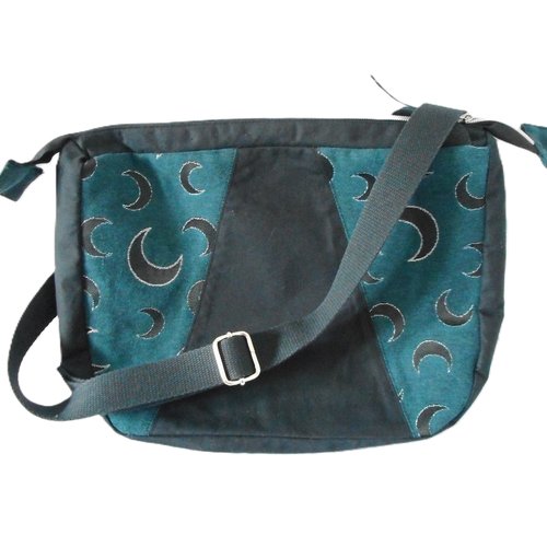 Sac bandoulière femme homme, jacquard lunes noires, lurex argenté, coton d'ameublement noir, cadeau anniversaire