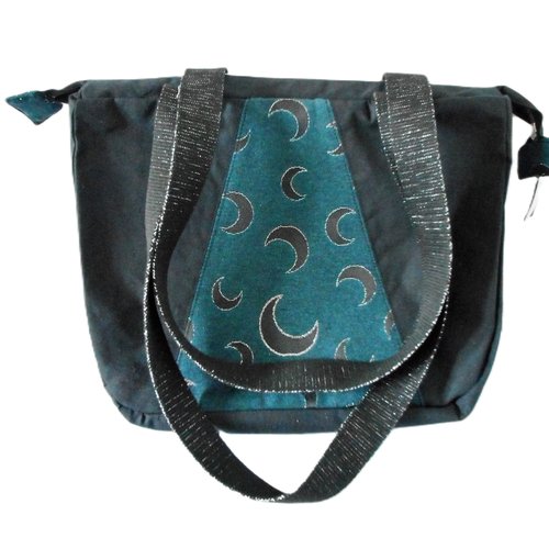 Sac femme homme, sac gothique sorcière mystique, jacquard lunes noires, lurex argenté, coton d'ameublement noir, cadeau anniversaire