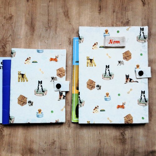 Protège de carnet de santé pour chien, etui passeport, ou range ordonnance, chiens dans panier et niches, nom brodé