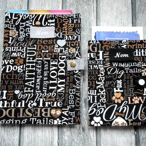 Couverture de carnet de santé pour chien, range ordonnance, ou protège passeport,  love dog marron gris noir, nom brodé