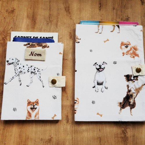 Protège carnet de santé pour chien, housse passeport, ou range ordonnance, chiens heureux, shiba dalmatien epagneul spitz, nom brodé