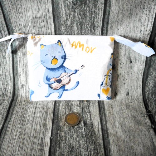 Porte-monnaie en coton, chats amoureux bleu jaune, porte-monnaie femme homme,  breloque chat, idée cadeau