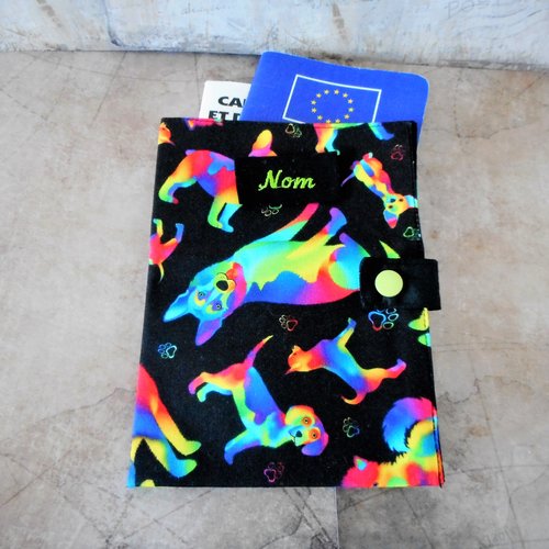 Couverture de carnet de santé pour chiens, protège passeport, chiens arc-en-ciel, chihuahua yorkshire labrador bouledogue  nom bro