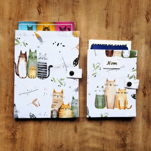 Protège carnet de santé pour chat, etui passeport ou range ordonnance, chats et poissons vert et beige nom brodé