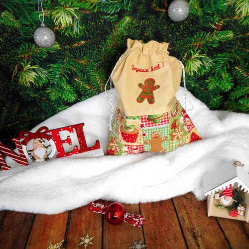 Sac cadeau noël, bonhomme de pain d'epices, emballage réutilisable tissu, broderie "joyeux noël", pochon enfant homme femme