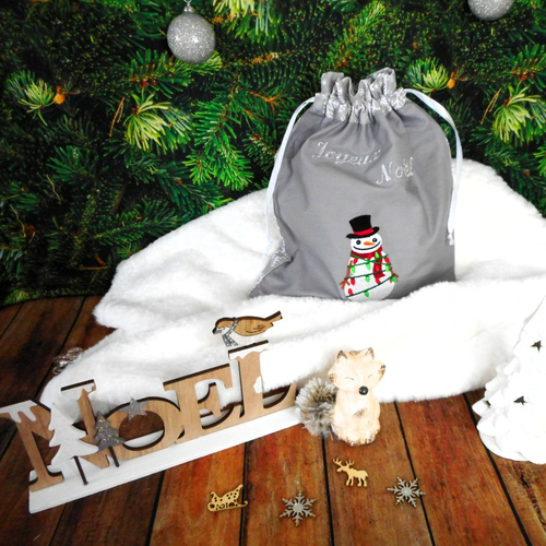Pochon cadeau noël, bonhomme de neige, flocons de neige, sac réutilisable tissu, broderie "joyeux noël", cadeau enfant homme femme
