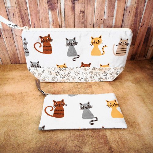 Trousse et porte-monnaie, chats marron jaune grège, pattes ecru, pochettes rangement tissu, cadeau femme homme, cadeau anniversaire
