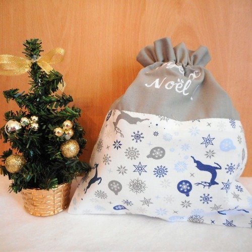 Sac cadeau tissu broderie "joyeux noël" rennes flocons bleus coton gris argent pochette cadeau coton pochon 