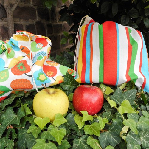 Sacs à vrac cotons pommes et rayures multicolores sac fruits légumes marché courses pochons sachets réutilisables