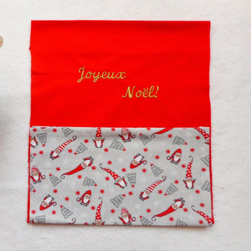 Noël zéro déchet sac cadeau tissu lutins rouges broderie "joyeux noël + prénom" pochette cadeau coton pochon 