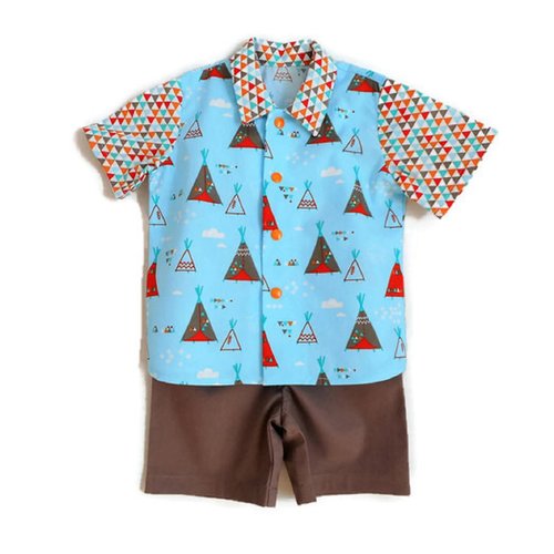 Ensemble garçon 12 mois eté coton tipis et triangles chemise et bermuda bébé 12 mois