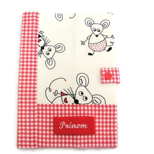 Cadeau baby shower naissance bébé, protège carnet de santé enfant, souris et vichy, prénom brodé, housse carnet enfant