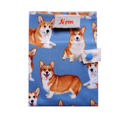 Protège carnet de santé pour chiens housse de passeport corgis rouges (red) fond gris-bleu nom bro