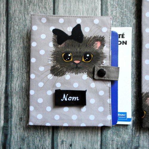 Housse de carnet de santé pour chat, protège passeport, petite chatte pois et noeud