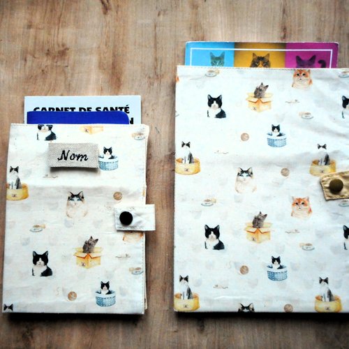 Protège passeport pour chat, housse de carnet de santé ou range ordonnance, chats dans paniers et cartons, nom brodé