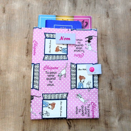 Grande housse de carnet de santé pour chat, range ordonnance, chat et fille à la fenêtre, protège carnet