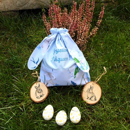 Sac oreilles lapin, cadeau de pâques, sac chasse aux oeufs chocolat, pochon lapin et hirondelle bleu,