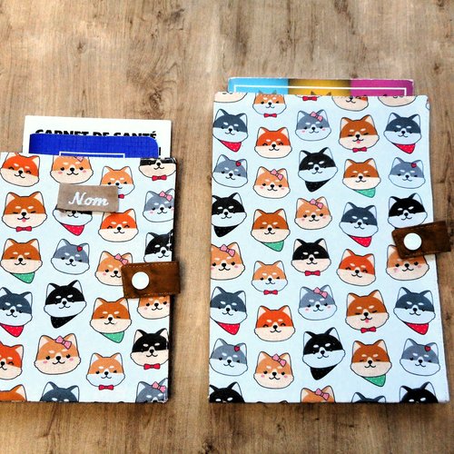 Housse de carnet de santé pour chiens, protège passeport, têtes de shiba akita inu, nom brodé