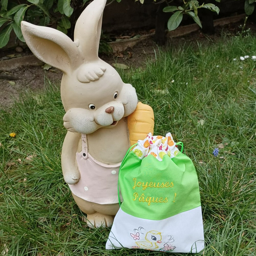 Sac cadeau pâques, pochon poussin, cotons oeufs colorés et vert, sac chasse aux oeufs, cadeau enfant adulte