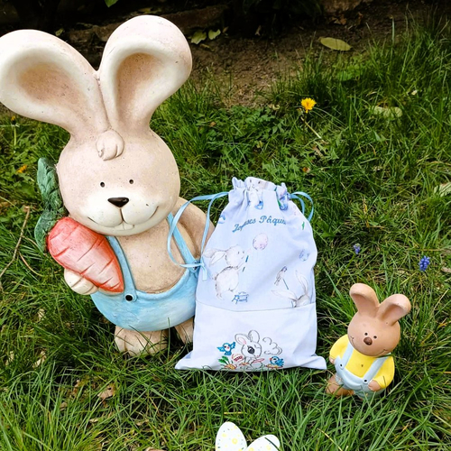 Sac lapin pâques, pochon cadeau bleu, broderie lapin, joyeuses pâques, sac chasse aux oeufs, cadeau enfant adulte