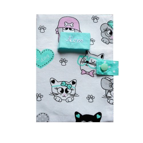 Protège carnet de santé pour animaux de compagnie, etui passeport, chiens et chats menthe rose gris nom brodé