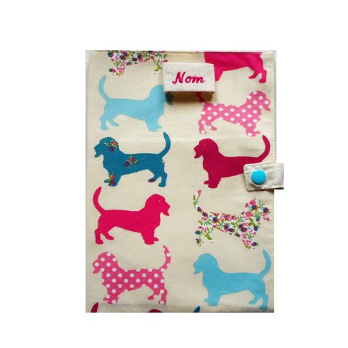 Grand range ordonnance, protège carnet de santé pour chien,  accessoire teckels rose turquoise, nom brodé