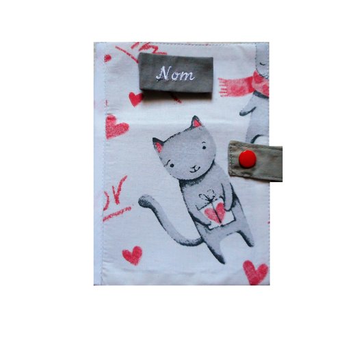 Couverture de carnet de santé pour chat, protège passeport, chats amor rouge et gris, nom brodé