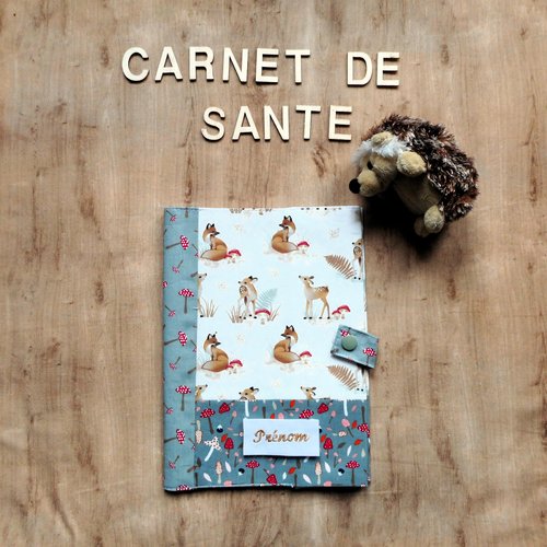 Protège de carnet de santé bébé enfant, chevreuil faon et renard, cadeau naissance prénom,