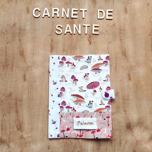 Couverture de carnet de santé bébé enfant, lapin renard terrier et champignon, cadeau naissance baby shower, bébé prénom,