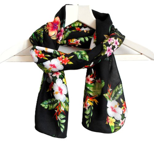Fête des mères, foulard en viscose, fleurs exotiques fond noir, cadeau pour femme pour elle, foulard femme